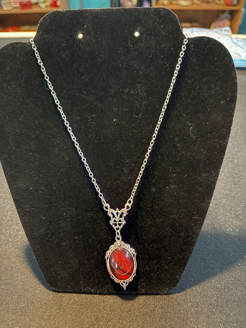 Silver-Tone Red Oval Stone Pendant Necklace - Women's Jewelry